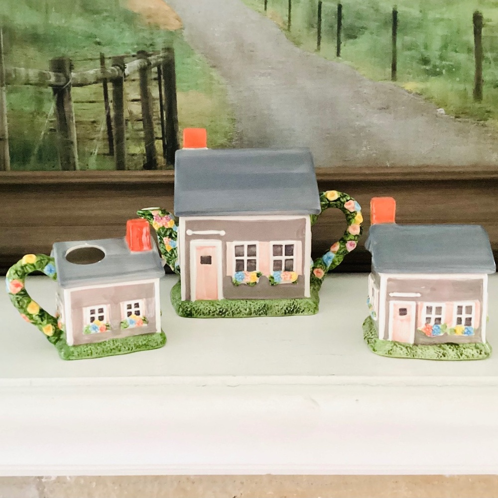 Claire Murray Sakura Teapot Sugar Creamer Nantucket Cottage Ceramic Vtg 3 PC Set